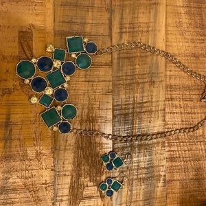 Necklace and earring set. Blue/green stones costume jewelry.